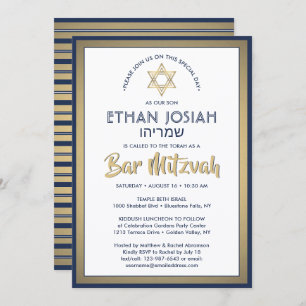 Hebräischer Name Bar Mitzvah Elegant Gold White &  Einladung