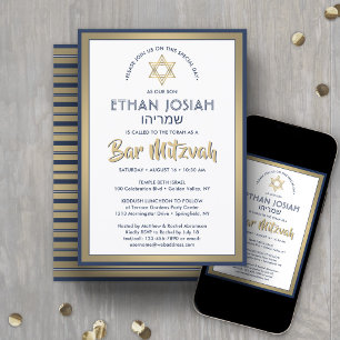Hebräischer Name Bar Mitzvah Elegant Gold White & Einladung