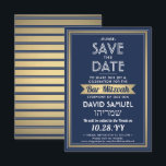 Hebräischer Name Bar Mitzvah Navy Blue White Imita Save The Date<br><div class="desc">Laden Sie Familie und Freunde zu einer eleganten Bar mitzvah Zeremonie und Feier für ihn mit dieser marineblau, weiß und Imitat Goldfolie Save the Date Einladung. Der gesamte Text ist einfach zu verändern, sodass er jeden beliebigen Wortlaut in Bezug auf den Dienst, die Tora-Lektüre und das Party enthalten kann. Das...</div>