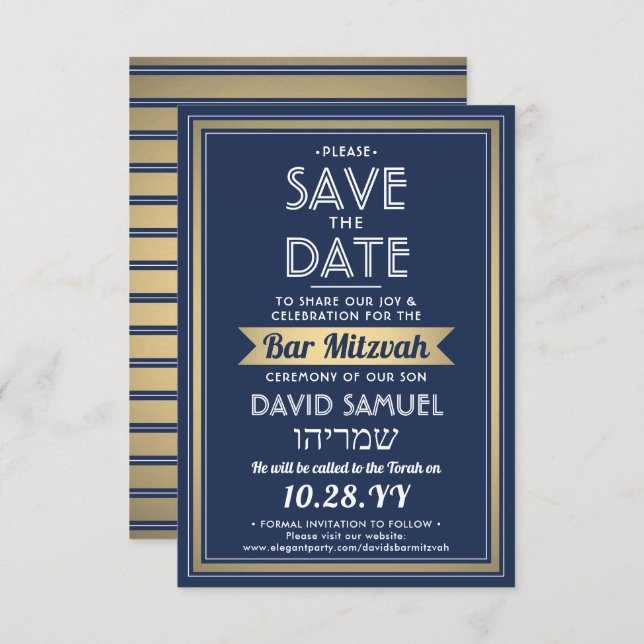 Hebräischer Name Bar Mitzvah Navy Blue White Imita Save The Date (Vorne/Hinten)