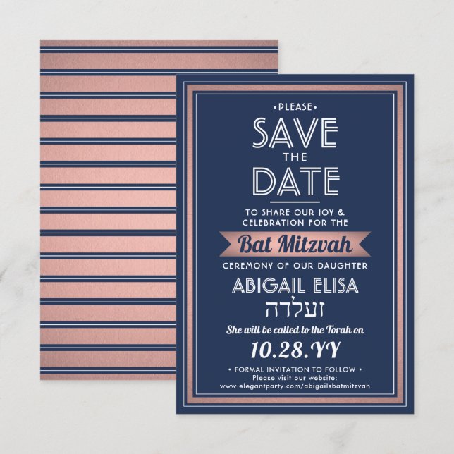 Hebräischer Name Bat Mitzvah Navy Blue Pink Rose G Save The Date (Vorne/Hinten)