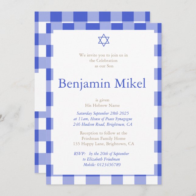 Hebrew Baby Boy Namemony Zeremony Juwish Blue Einladung (Vorne/Hinten)