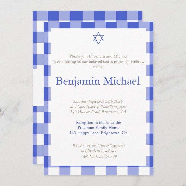 Hebrew Brit Shalom Baby Boy Naming Jewish Blue Einladung (Vorne/Hinten)