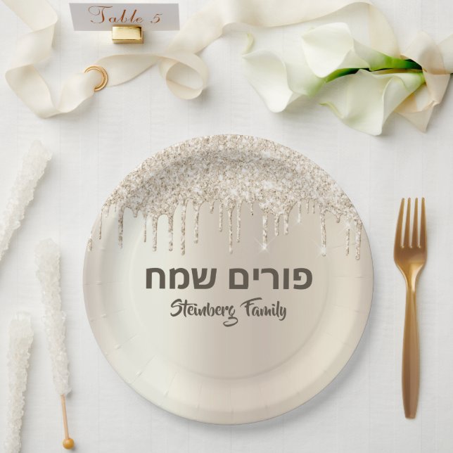 Hebrew Happy Purim Champagne Glitzer Driving Pappteller (Hochzeit)