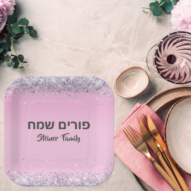 Hebrew Happy Purim Niedlich Pink Glitzer Pappteller (Von Creator hochgeladen)
