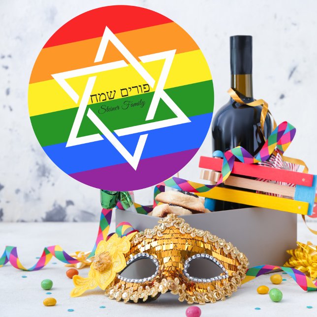 Hebrew Happy Purim Rainbow Flag Runder Aufkleber (Von Creator hochgeladen)