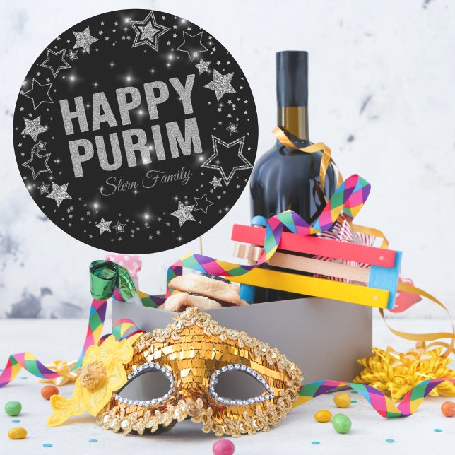 Hebrew Happy Purim Silver Glitzer Sparkle Runder Aufkleber (Von Creator hochgeladen)