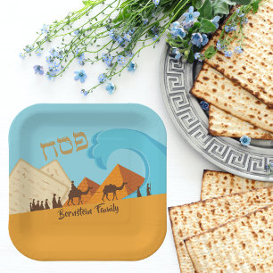Hebrew Pesach Pessach Gold und Blue Matzah Pappteller