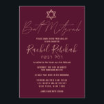 Hebrew Simple Rose Gold Burgundy Red Bat Mitzvah Einladung<br><div class="desc">Diese elegante, minimalistische und schicke Bat Mitzvah Einladung ist die perfekte Wahl für Ihre Tochter an ihrem besonderen Tag. Es zeichnet sich durch ein schlichtes und modernes Imitat Rose Gold Typografie Design mit dem Stern von David auf einem bordeauxroten Hintergrund aus. Es zeigt auch eine benutzerdefinierte Typografie des hebräischen Namens...</div>