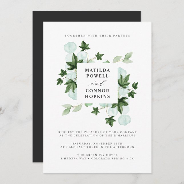 Hedera | Green Ivy Gray Botanical Wedding Einladung (Vorne/Hinten)
