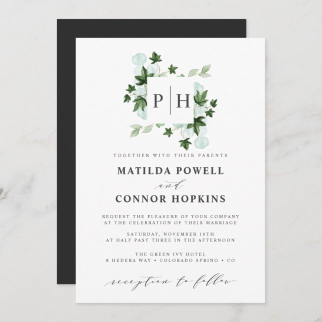 Hedera Monogram | Ivy Eucalyptus Botanical Wedding Einladung (Vorne/Hinten)