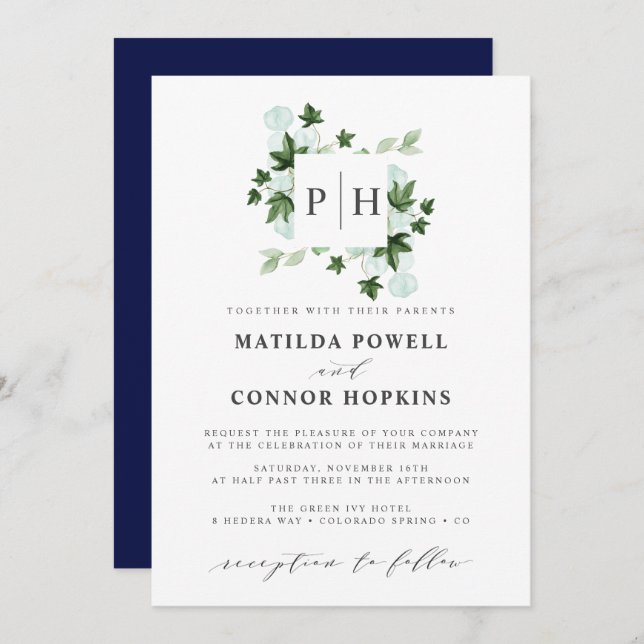Hedera Monogram | Ivy Eucalyptus Botanical Wedding Einladung (Vorne/Hinten)
