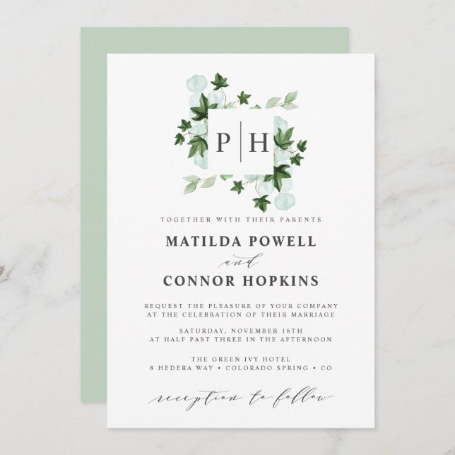 Hedera Monogram | Ivy Eucalyptus Botanical Wedding Einladung (Vorne/Hinten)