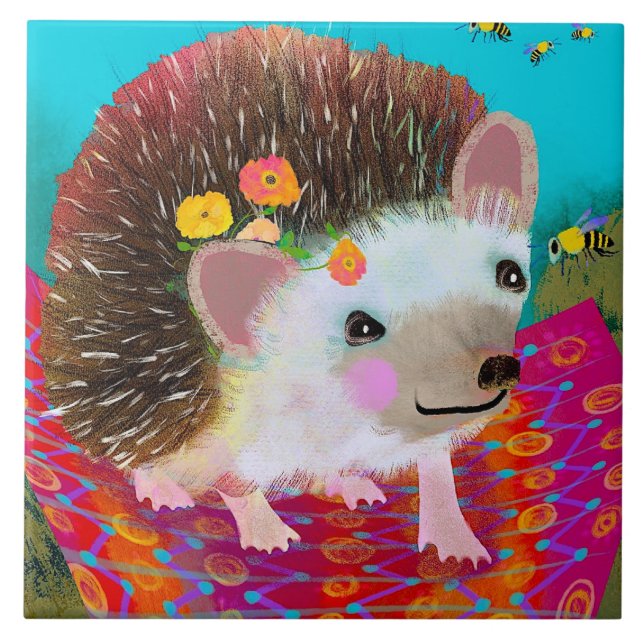 Hedgehog and Bee Ceramic Kitchen Tile Fliese (Vorderseite)
