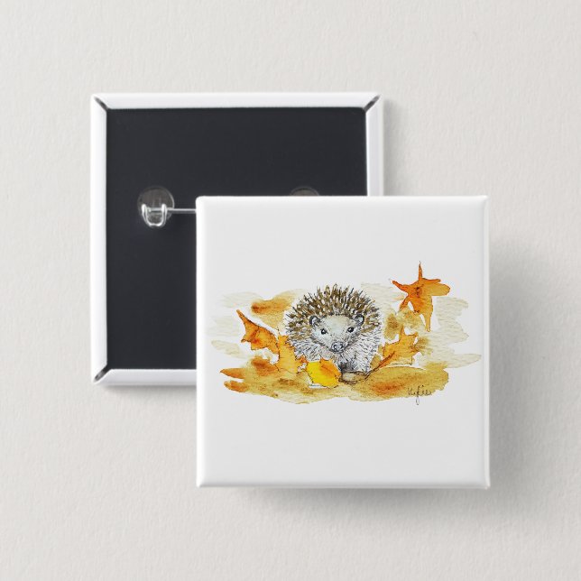 Hedgehog In Fall Leaves Button (Vorne & Hinten)