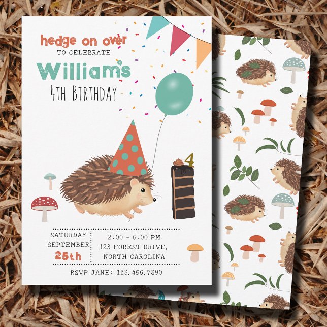 Hedgehog Mushroom Woodland Forest Balloon Birthday Einladung (Hedgehog Mushroom Woodland Forest Balloon Birthday Invitation)