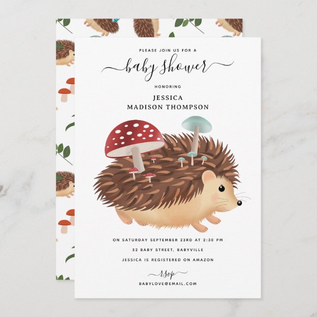 Hedgehog Mushroom Woodland Funny Baby Shower Einladung (Vorne/Hinten)