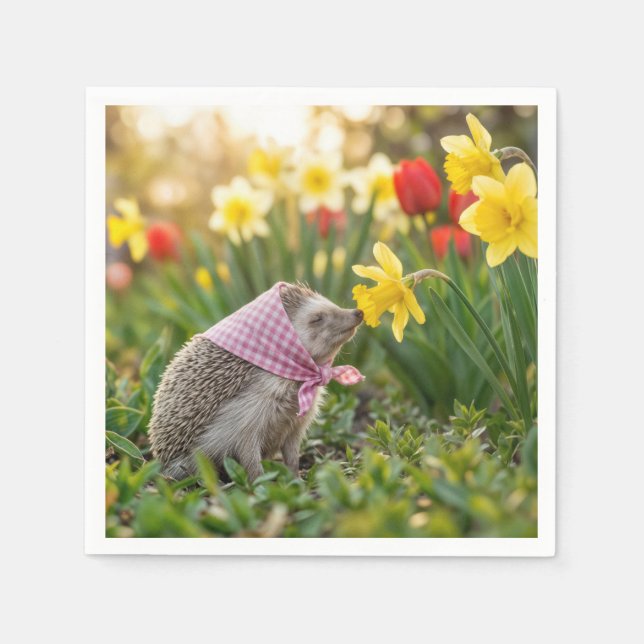 Hedgehog Sniffing a Yellow Daffodil Serviette (Vorderseite)