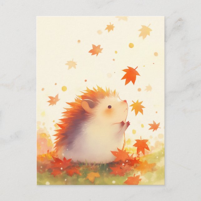 Hedgehog Watching Falling Autumn Maple Leaf Postkarte (Vorderseite)