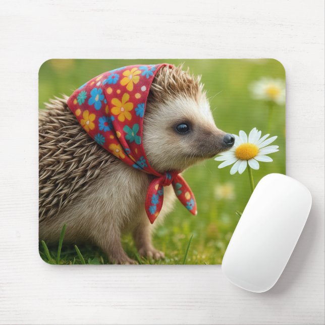 Hedgehog Wearing a Headscarf Sniffing a Daisy Mousepad (Mit Mouse)