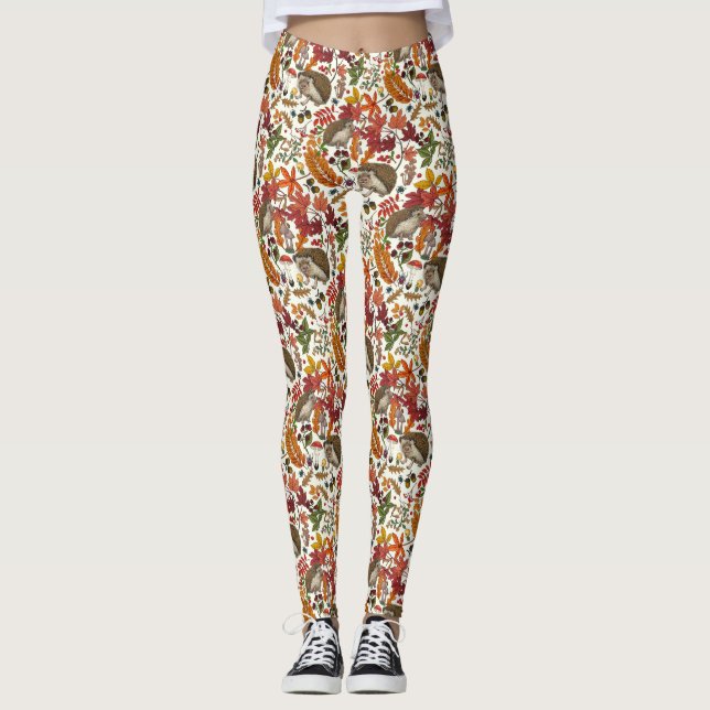 Hedgehogs and autumn forest flora on ivory leggings (Vorderseite)