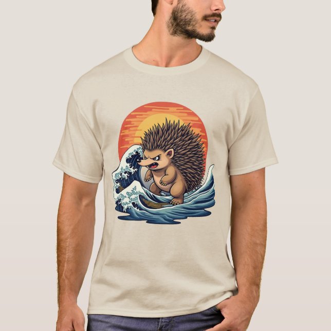 Hedgehogzilla Wave - Vintager japanischer Art Igel T-Shirt (Vorderseite)