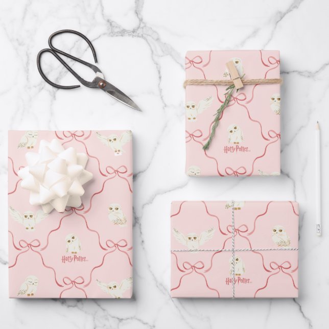 Hedwig-Rosa-Schleifen-Muster Geschenkpapier Set (Vorderseite)