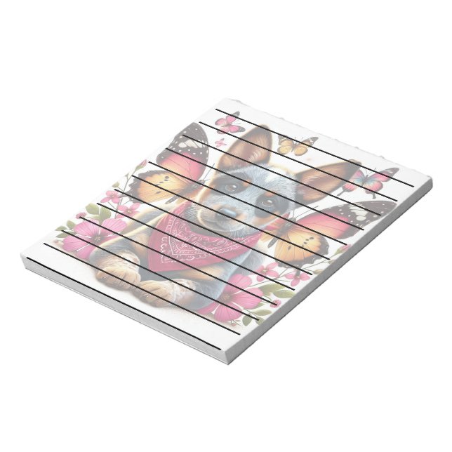 Heeler Puppy umgeben von Schmetterlingen und Blume Notizblock (Rotiert)