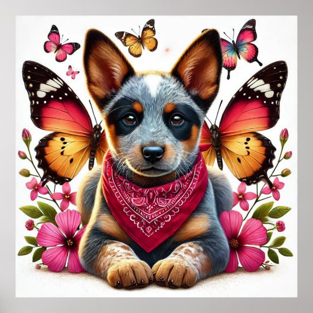 Heeler Puppy umgeben von Schmetterlingen und Blume Poster (Vorne)