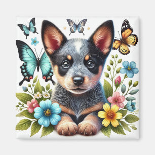 Heeler Welpe mit Schmetterlingen und Blume Magnet