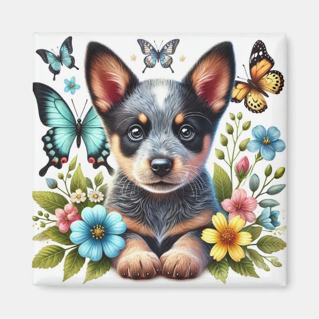 Heeler Welpe mit Schmetterlingen und Blume Magnet (Vorne)