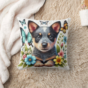 Heeler-Welpe mit Schmetterlingen und Blumen Kissen