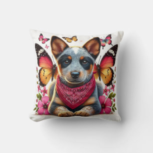 Heeler-Welpe umgeben von Schmetterlingen und Blume Kissen