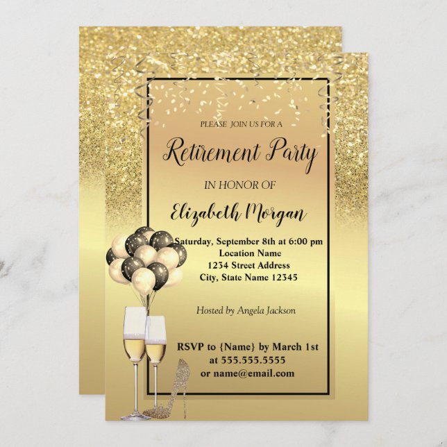 Heels aus Gold, Glas, Party für die Rückgabe von B Einladung (Vorne/Hinten)