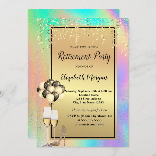 Heels, Glas, Balloons, holografische Versorgung Einladung (Vorne/Hinten)