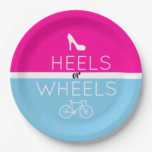 Heels oder Räder {Fahrrad} Pink|Blauer Geschlechts Pappteller (Vorderseite)