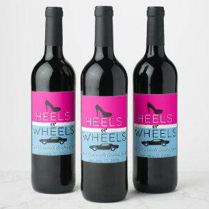 Heelse oder Räder Pink Blue Heel Car Gender Reveal Weinetikett