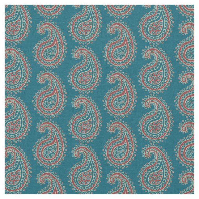 Heffalumps Red Blue Beige Paisley Pattern Fabric Stoff (Nahaufnahme)