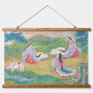 Heian Elysium: Ladies in a Spring Meadow Wandteppich Mit Holzrahmen