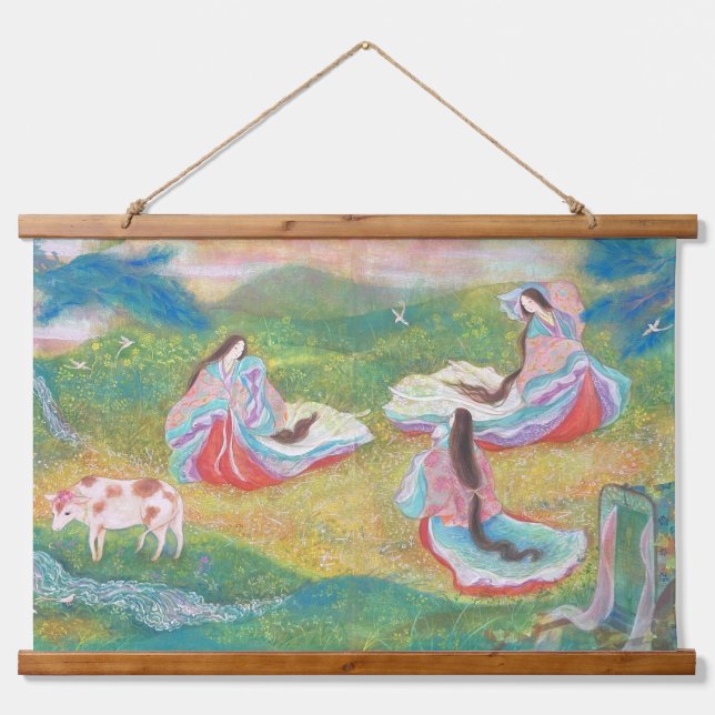 Heian Elysium: Ladies in a Spring Meadow  Wandteppich Mit Holzrahmen (Vorne)