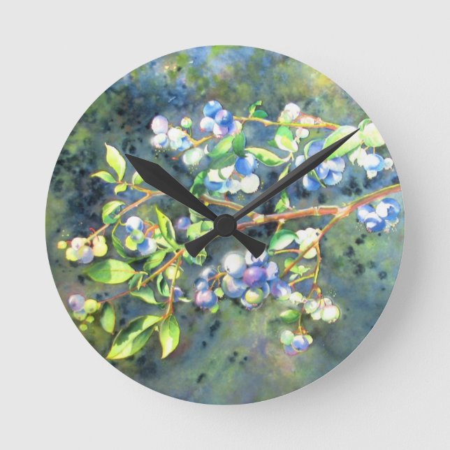 Heidelbeeren, romantische Früchte Aquarellmalerei Runde Wanduhr (Vorderseite)