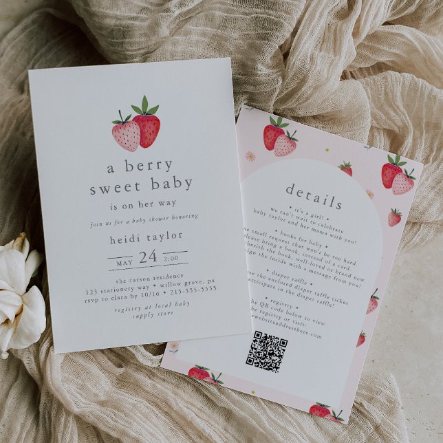 HEIDI QR Berry Sweet Strawberry Girl Baby Shower Einladung (HEIDI QR Berry Sweet Strawberry Girl Baby Shower Invitation)