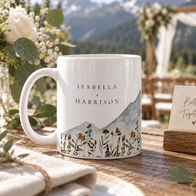 HEIDI Watercolor Wildblume Hochzeitsgeschenk Kaffeetasse (Mountain and Wildflower Wedding Bride and Groom Coffee Mug )