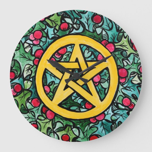 Heidnische Yule-Pentagramm Große Wanduhr (Vorderseite)