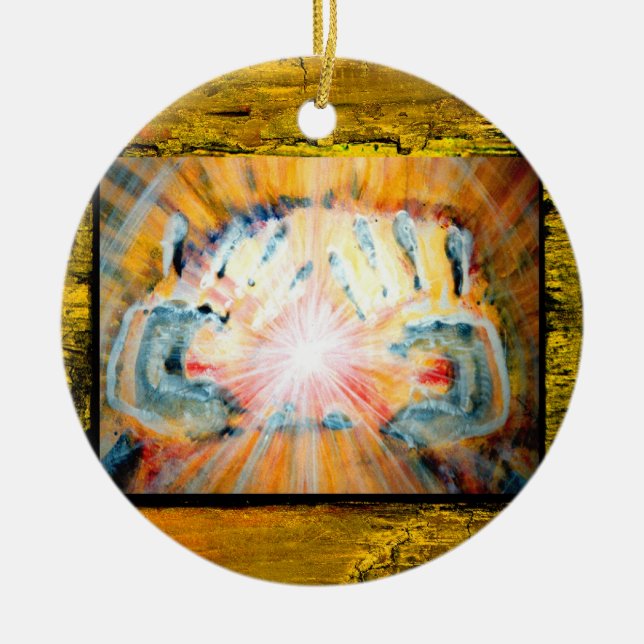 Heilende Hände u. Kreuz des Schutzes Keramik Ornament (Vorne)