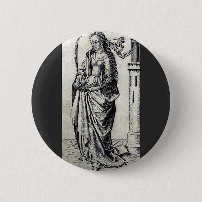 Heilige Barbara vom Turm Sakrale Grafik-Kunst Button (Vorderseite)