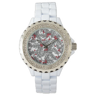 Heilige Beere, graue Blätter auf weiß Armbanduhr