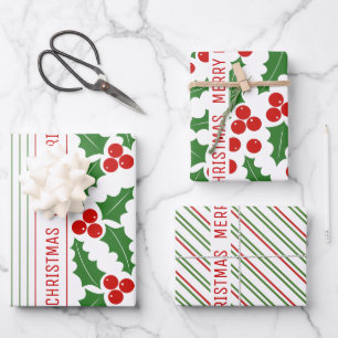 Heilige Beere und rote, grüne Streifen Frohe Weihn Geschenkpapier Set