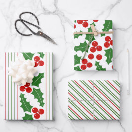 Heilige Beere und rote, grüne Streifen Weihnachten Geschenkpapier Set