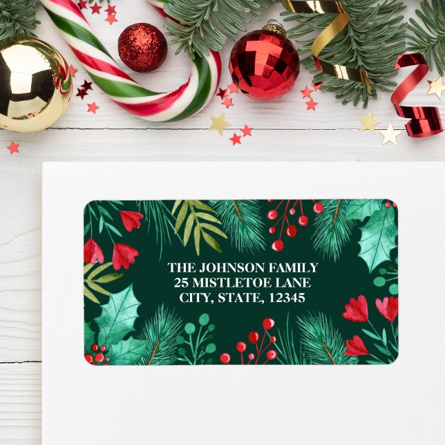 Heilige, Berries und grüne Blätter Wasserfarbe Adressaufkleber (Holly, Berries and Green Leaves Watercolor Label)